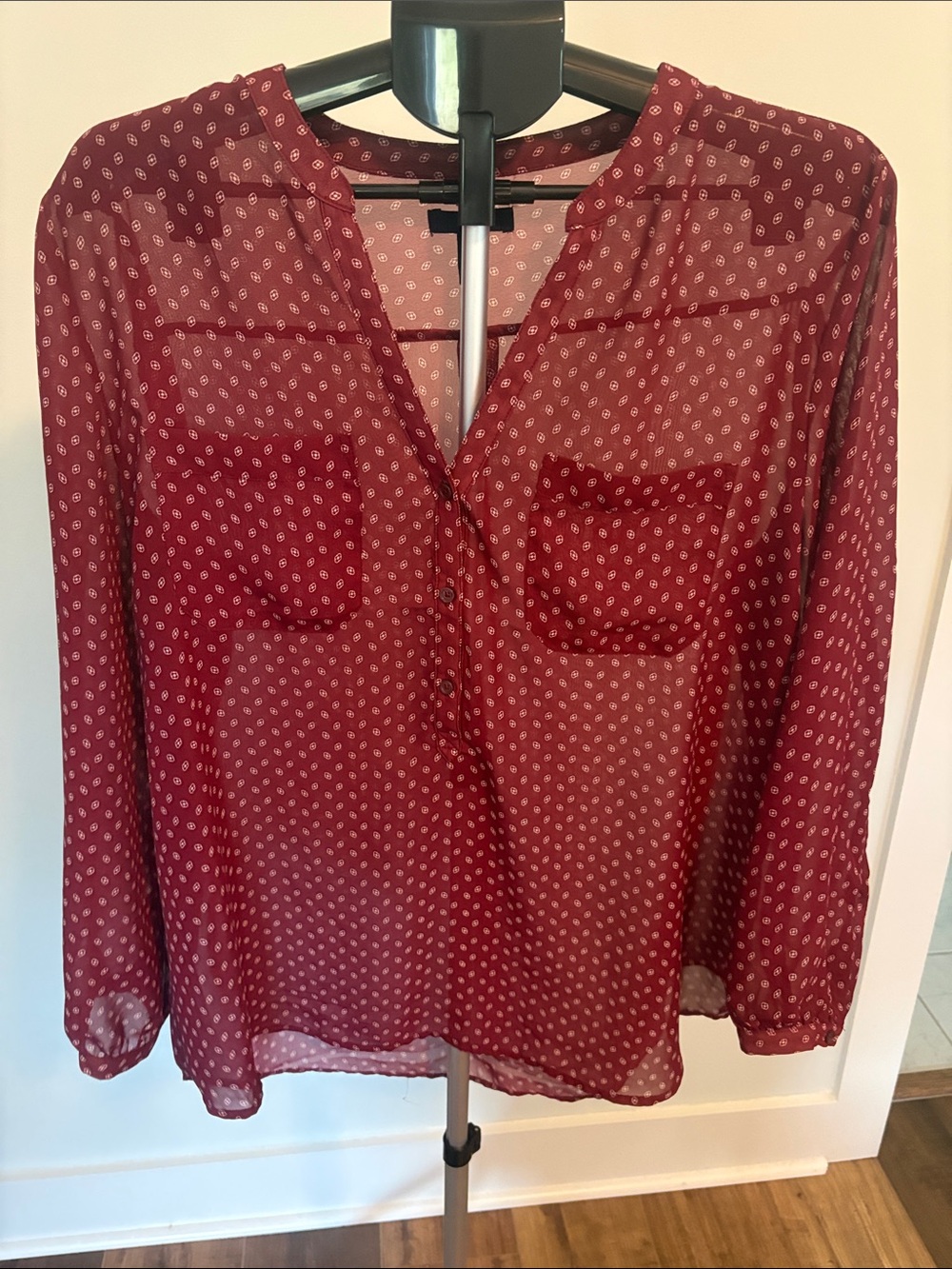 GAP Sheer Burgundy Printed V-Neck Blouse